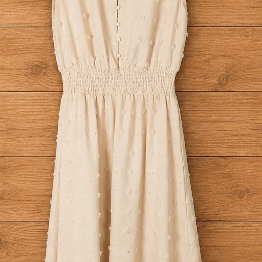 Cream Swiss Dot Maxi Dress Smocked Waist Pearl Button V-Neck Flutter Sleeve - Picture 4 of 8